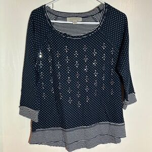Laura Ashley Women's Navy Polka Dot Rhinestone 3/4 Sleeve Top Size M